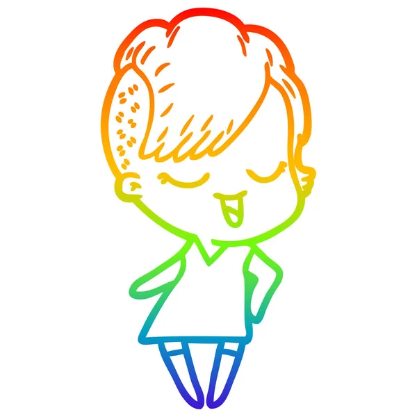 Rainbow gradient line drawing happy cartoon girl — Stock Vector