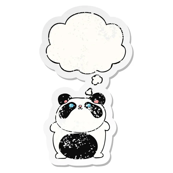Cartoon panda and thought bubble as a distressed worn sticker — Stock Vector