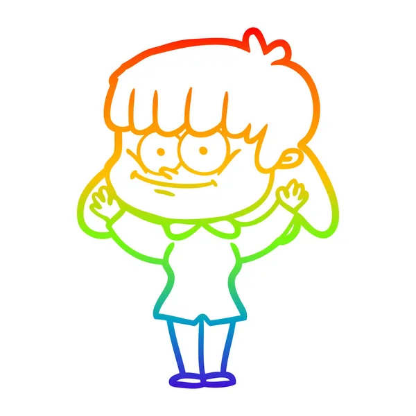 Rainbow gradient linje ritning tecknad leende kvinna — Stock vektor