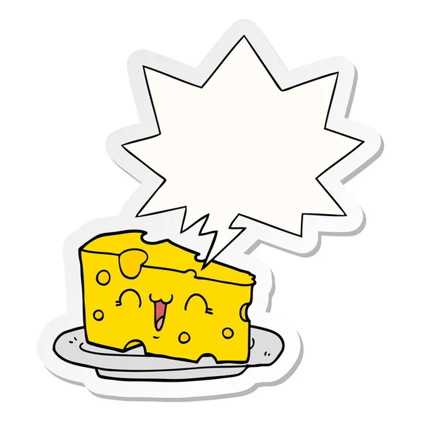 Lindo queso de dibujos animados y el habla pegatina burbuja — Vector de stock