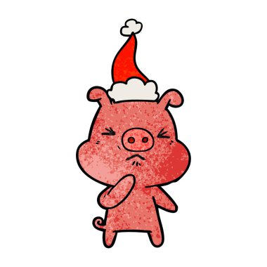 Noel Baba şapkası giyen bir kızgın domuzun dokulu çizgi film