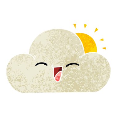 ilginç retro illüstrasyon tarzı karikatür güneş ve mutlu bulut