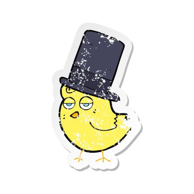 Retro sıkıntılı etiket bir silindir şapkalı bir karikatür kuş
