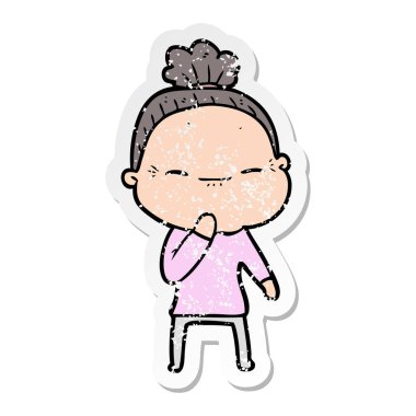 bir çizgi film huzurlu yaşlı kadının sıkıntılı etiket