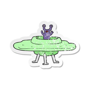 Retro sıkıntılı etiket bir karikatür uçan daire