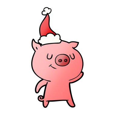 Noel Baba şapkası giyen bir domuz mutlu degrade çizgi film