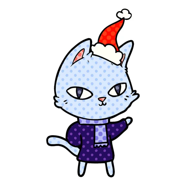 Ilustración estilo cómic de un gato mirando con sombrero de santa — Vector de stock