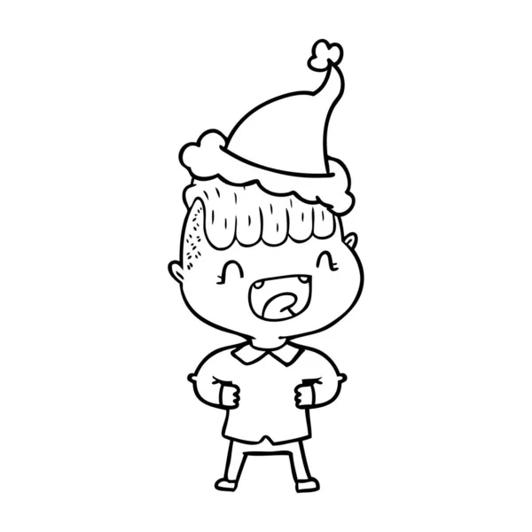 Linha desenho de um menino feliz rindo usando chapéu de santa —  Vetores de Stock
