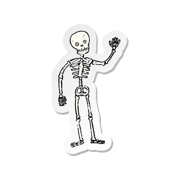 Retro distressed sticker of a cartoon waving skeleton — Stock Vector