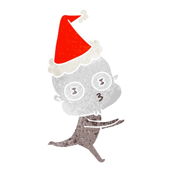 Santa şapka giyen çalışan garip bir kel uzay adamı retro karikatür — Stok Vektör