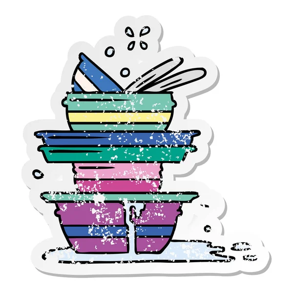 Adesivi cartoon doodle angosciato di una pila di piatti sporchi — Vettoriale Stock