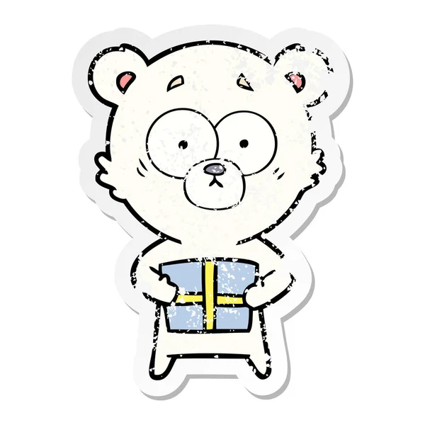 Nödställda klistermärke av en nervös isbjörn tecknad med gåva — Stock vektor