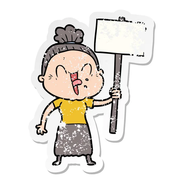 Verontruste sticker van een cartoon gelukkig oude vrouw — Stockvector