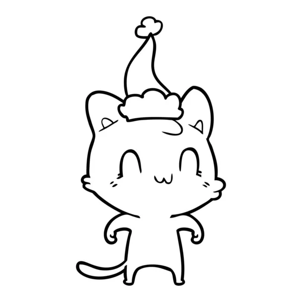 Vonalas rajz egy boldog macska viselt santa kalap — Stock Vector