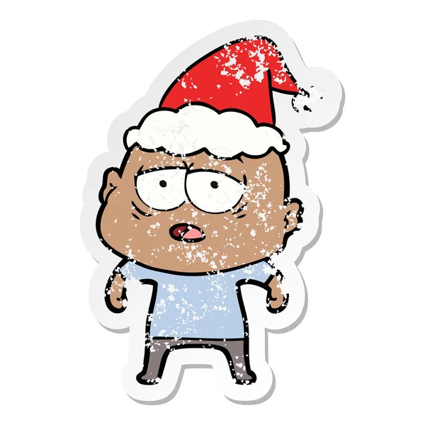 Distressed sticker cartoon of a tired bald man wearing santa hat — Stock Vector