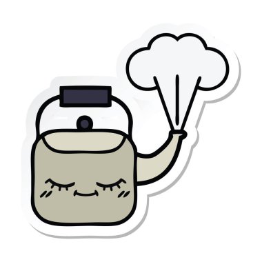 su ısıtıcısı dumanı tüten bir sevimli çizgi etiket