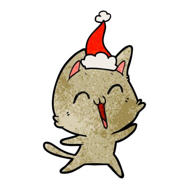 mutlu dokulu çizgi film Noel Baba şapkası giyen bir kedi