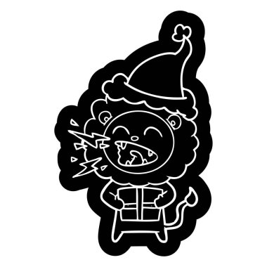 noel baba şapka giyen hediye ile kükreyen bir aslan karikatür simgesi