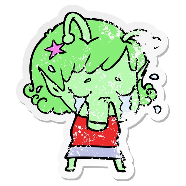 Distressed sticker of a cartoon crying alien girl — Stock Vector