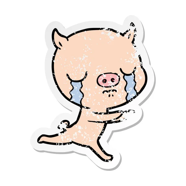 Calcomanía angustiada de un cerdo de dibujos animados llorando — Vector de stock