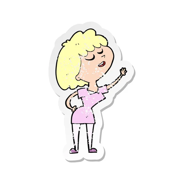 Retro noodlijdende sticker van een cartoon gelukkige vrouw over te spreken — Stockvector