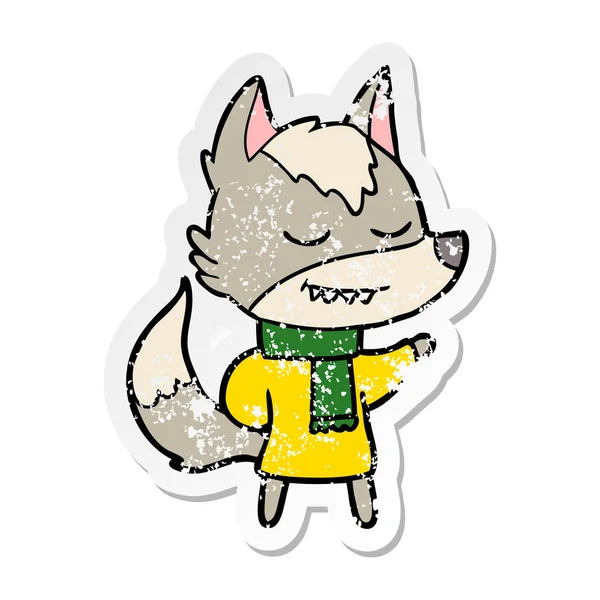 Przyklejoną naklejkę przyjaznego wilka kreskówki na sobie szalik — Wektor stockowy
