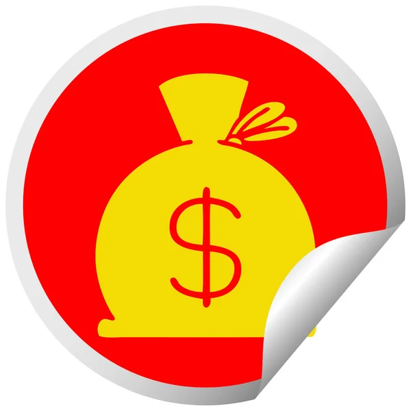 Etiqueta engomada peladura circular bolsa de dibujos animados de dinero — Vector de stock