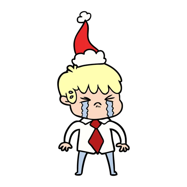 Kreslení čar chlapce pláč nosit klobouk santa — Stockový vektor