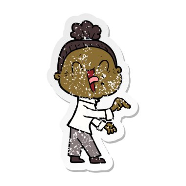 bir karikatür mutlu yaşlı kadının sıkıntılı etiket