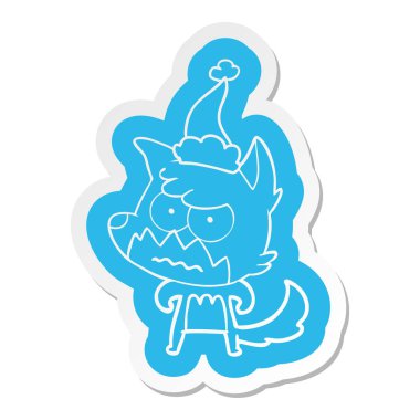 Noel Baba şapkası giyen rahatsız tilki çizgi film etiketi