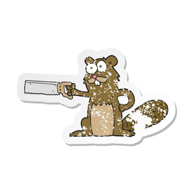 testere ile bir karikatür kunduz retro sıkıntılı etiket