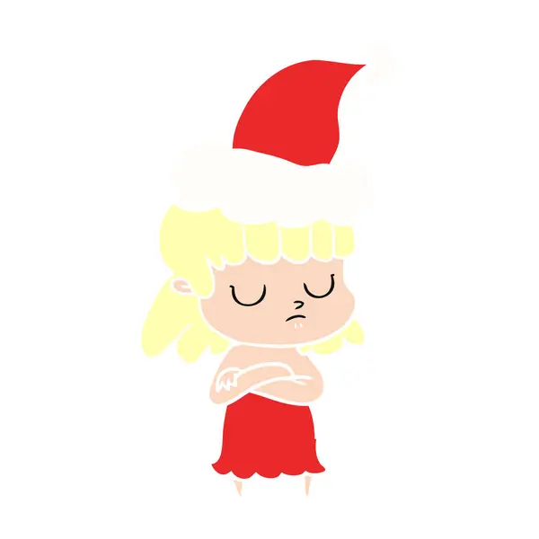 Flat color illustration of a indifferent woman wearing santa hat — Stock Vector