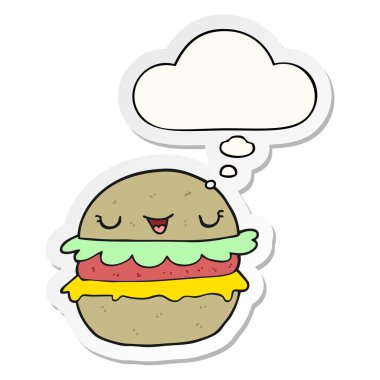karikatür burger ve baskılı bir etiket olarak kabarcık düşünce