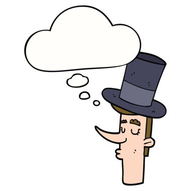 çizgi film adam üst şapka giyen ve kabarcık düşünce