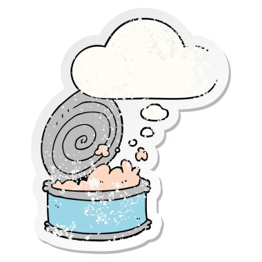 karikatür konserve balık ve sıkıntılı yıpranmış stic olarak kabarcık düşünce