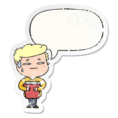 kitap ve konuşma balonu sıkıntılı s taşıyan karikatür endişeli çocuk