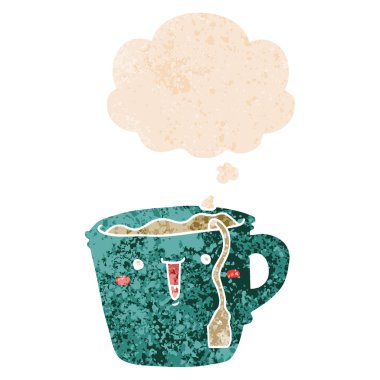 sevimli karikatür kahve fincanı ve retro dokulu sty düşünce balonu