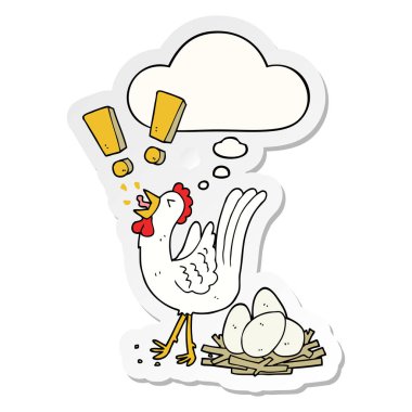 karikatür tavuk yumurtlama yumurta ve baskılı bir sopa olarak kabarcık düşünce