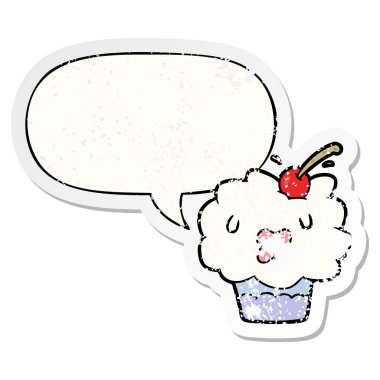 komik karikatür cupcake ve konuşma balonu sıkıntılı etiket