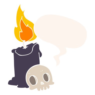 retro tarzında karikatür kafatası ve mum ve konuşma balonu