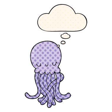 sevimli karikatür denizanası ve çizgi roman tarzında düşünce balonu