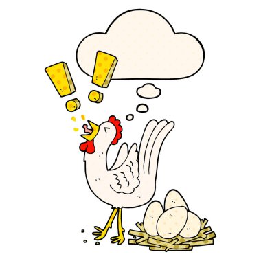 çizgi roman stilinde çizgi film tavuk yumurtlama yumurta ve düşünce balonu