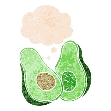 retro dokulu tarzda karikatür avokado ve düşünce balonu