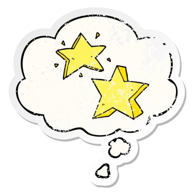 karikatür yıldızı ve sıkıntılı yıpranmış etiket olarak kabarcık düşünce