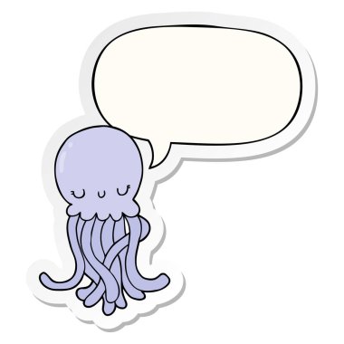 sevimli karikatür denizanası ve konuşma kabarcık etiket