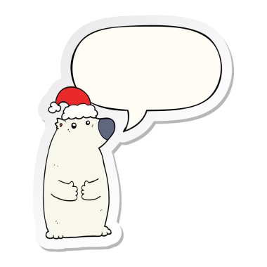 karikatür ayı noel şapka ve konuşma kabarcık etiket giyiyor
