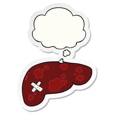 karikatür sağlıksız karaciğer ve baskılı bir etiket olarak kabarcık düşünce