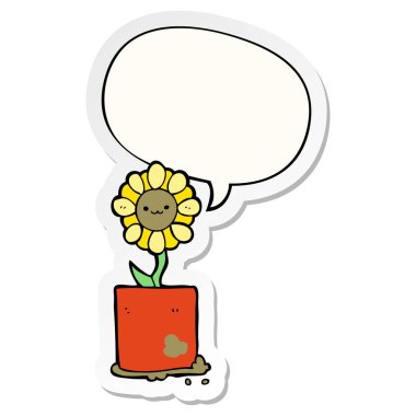 sevimli karikatür çiçek ve konuşma kabarcık etiket