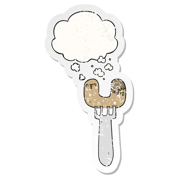 Saucisse de dessin animé sur fourchette et bulle de pensée comme un usé affligé — Image vectorielle