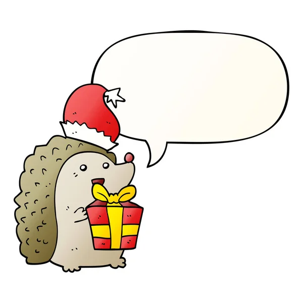 Cartoon hedgehog wearing christmas hat and speech bubble in smoo — Stock Vector